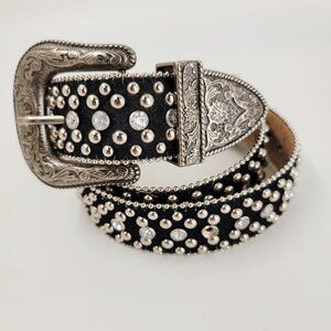 Guess Rhinestone Belt Size L Black Silver-tone Buckle Studded Western Cowgirl